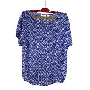 Liz Claiborne Womens Blue White Geometric Print Sheer Short Sleeve Blouse Size S